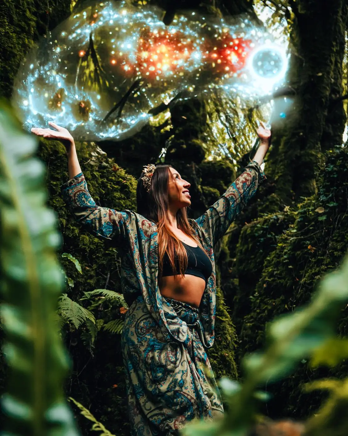 Aleesha holding light in a forest